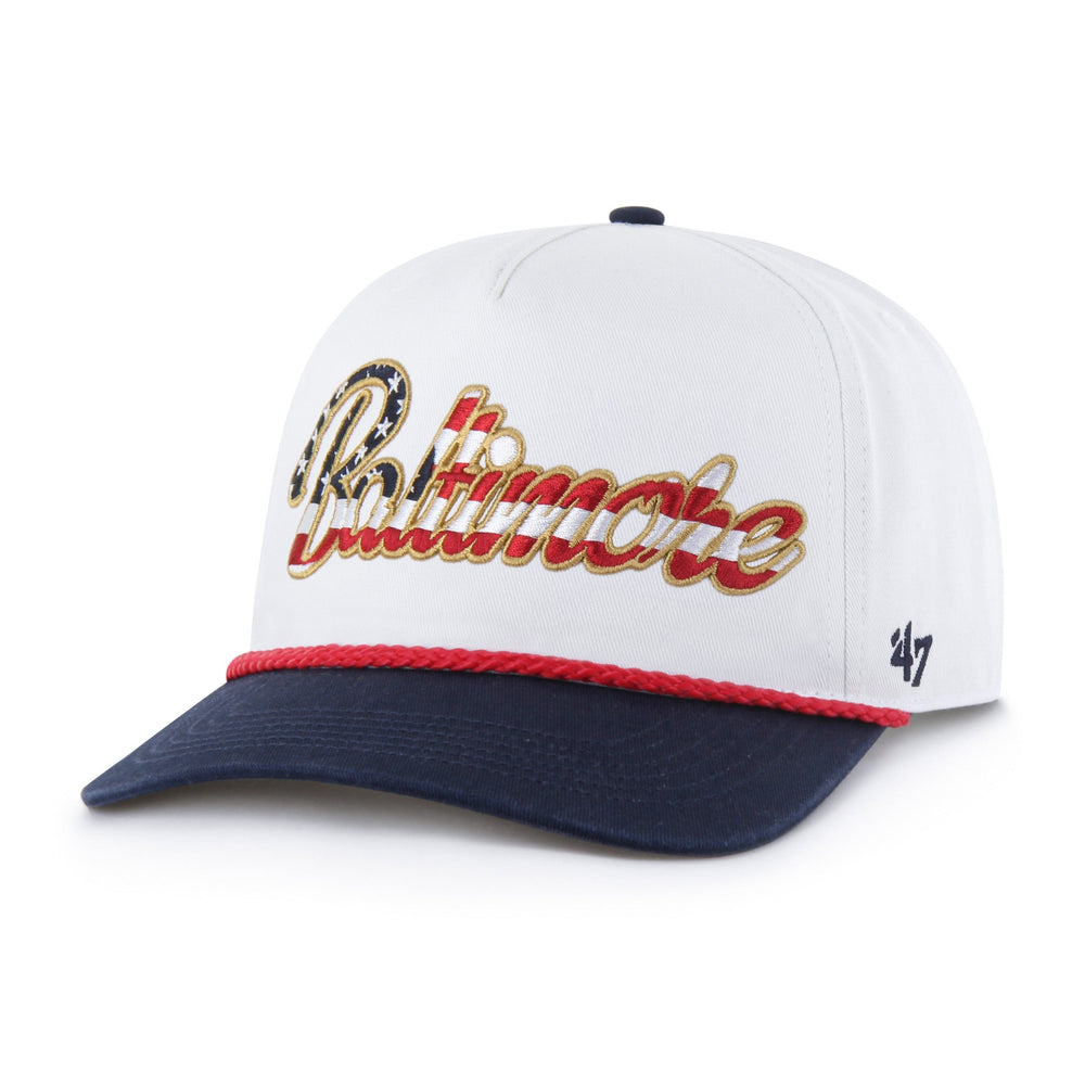 BALTIMORE ORIOLES PATRIOTIC OVERHAND '47 HITCH WHITE