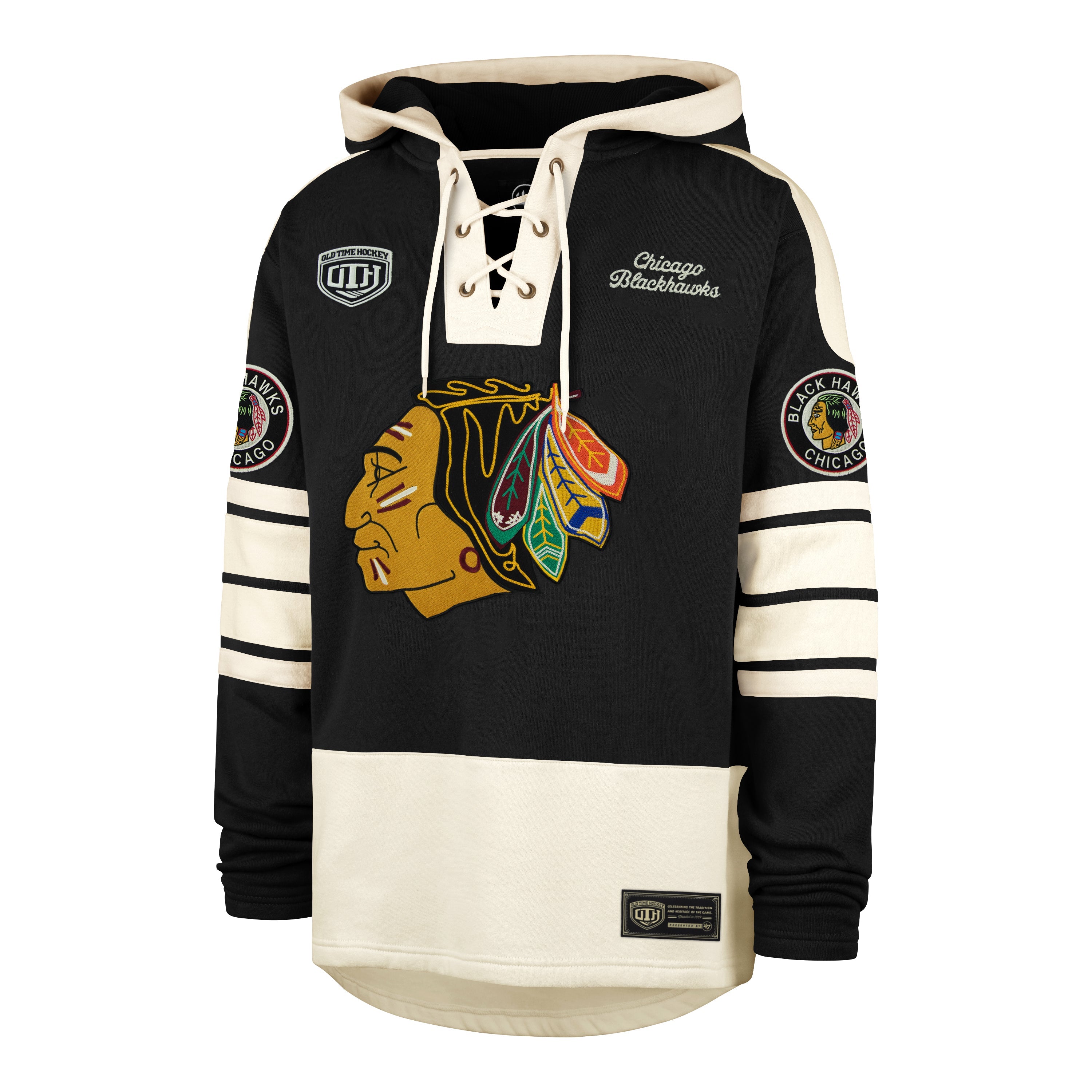 OLD TIME HOCKEY CHICAGO BLACKHAWKS VINTAGE BLUE LINE HERITAGE '47 LACER JET BLACK