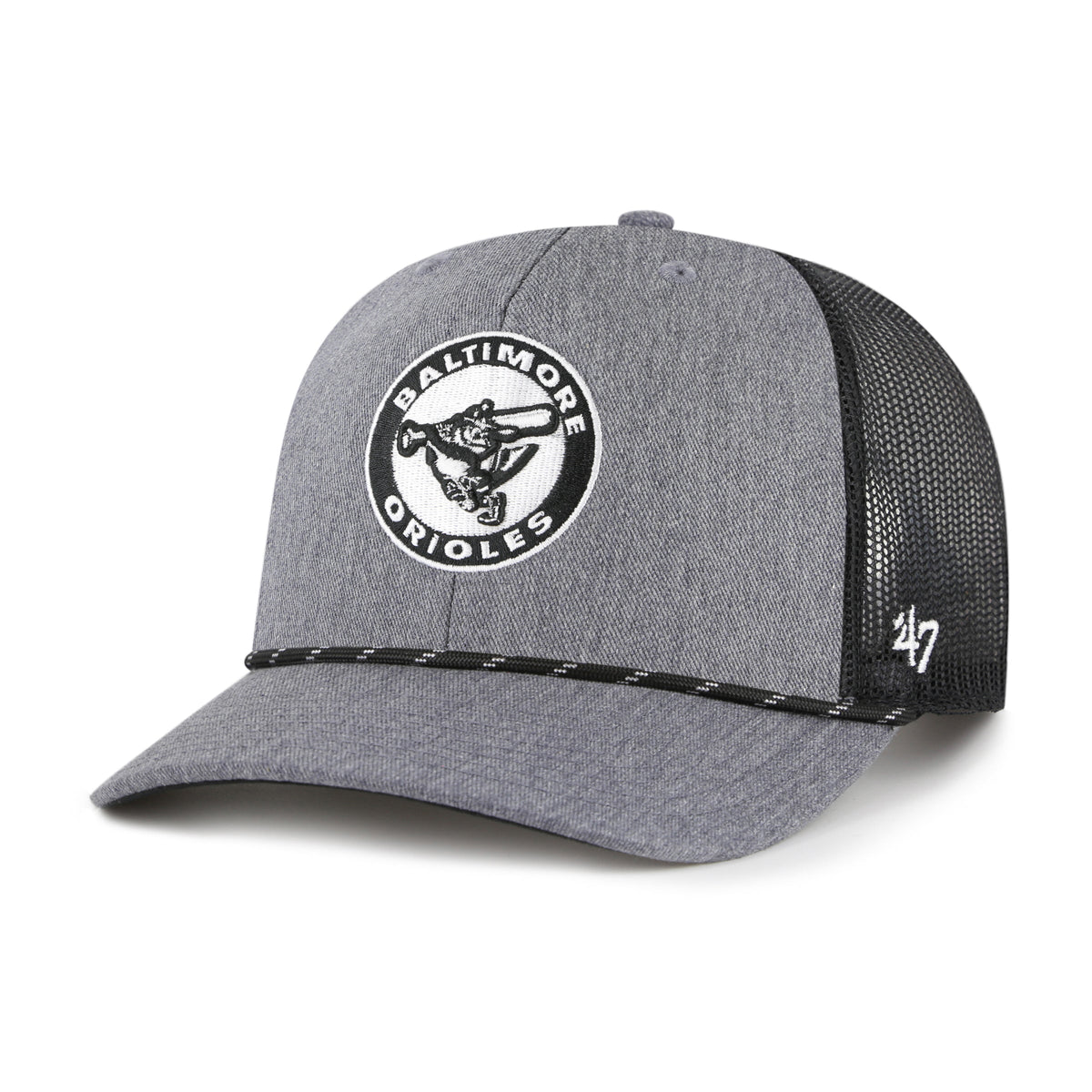 BALTIMORE ORIOLES COOPERSTOWN CARBON ROPE '47 TRUCKER CHARCOAL