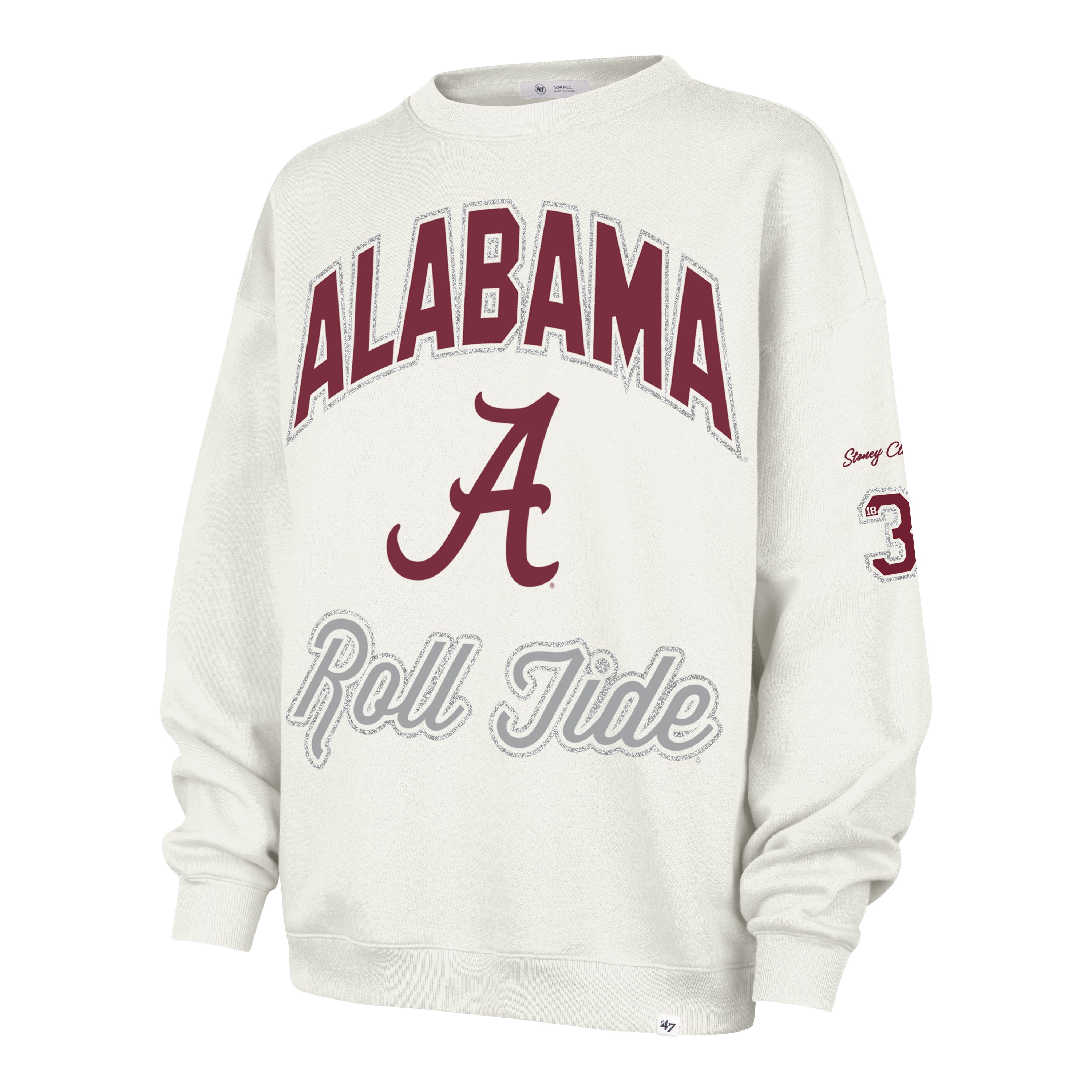 ALABAMA CRIMSON TIDE STONEY CLOVER LANE X '47 OVERSIZED GLITTER ARCH CREW WOMENS SANDSTONE