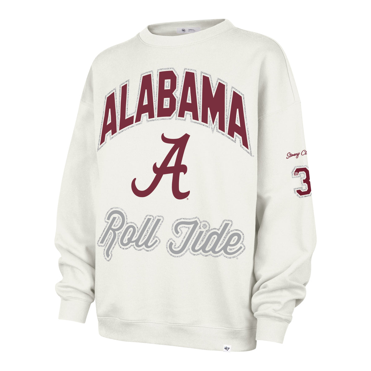 ALABAMA CRIMSON TIDE STONEY CLOVER LANE X '47 OVERSIZED GLITTER ARCH CREW WOMENS SANDSTONE